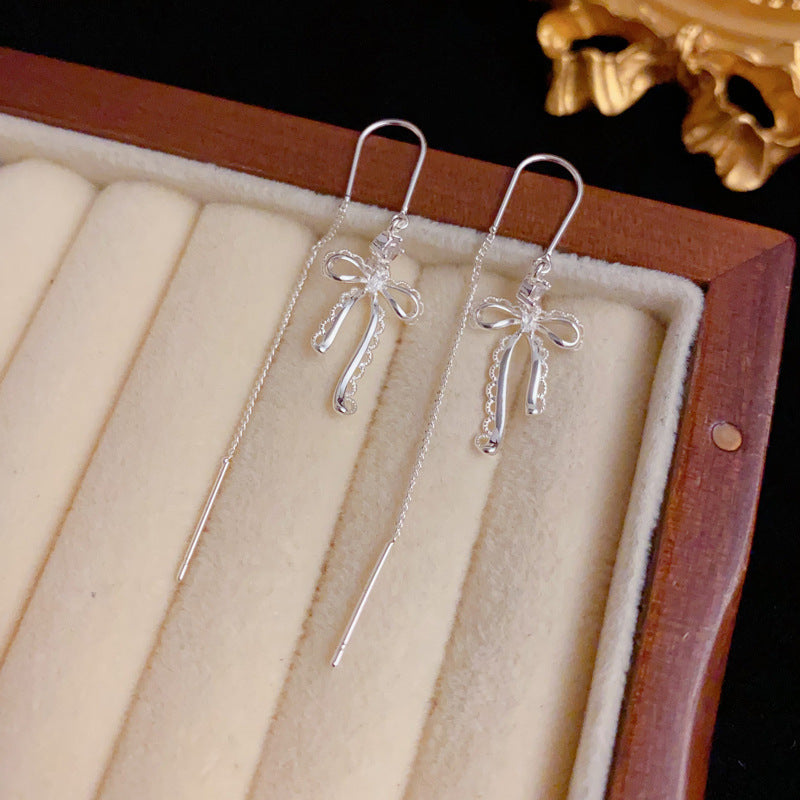 Luxury Metal Lace Bow Threader Earrings – Elegant Design