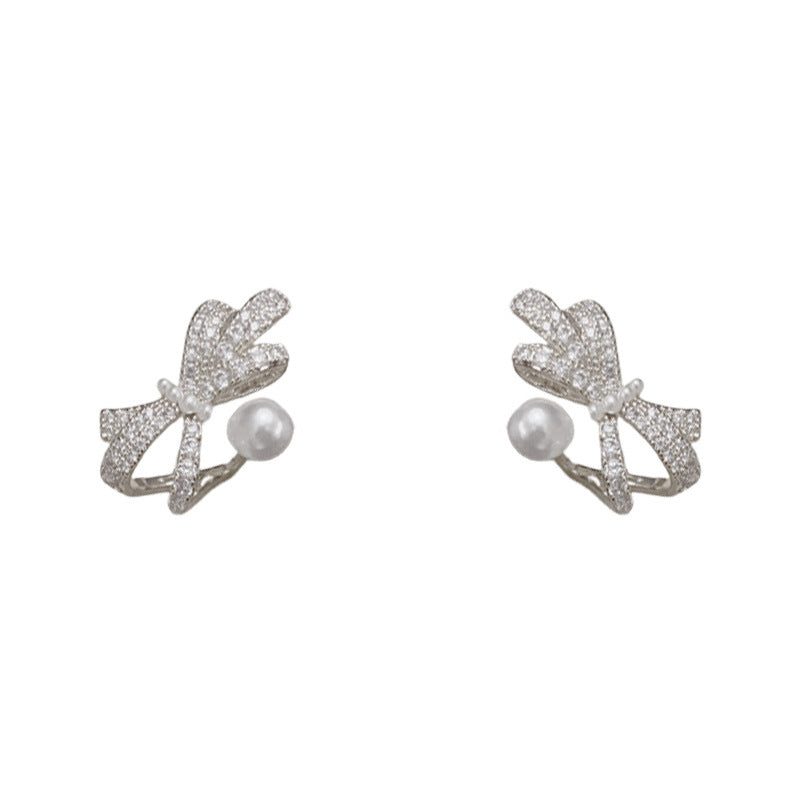 Luxury Full-Zircon Bow & Pearl Earrings – Silver Needle Elegant Design