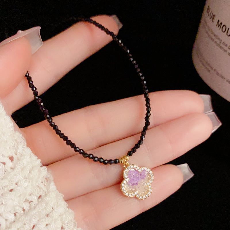 Purple Crystal Clover Black Crystal Necklace - Chic Design