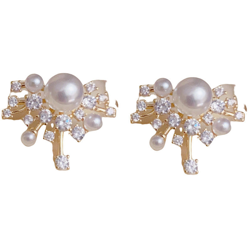 14K Gold-Plated Zircon Firework Pearl Stud Earrings – Elegant Design