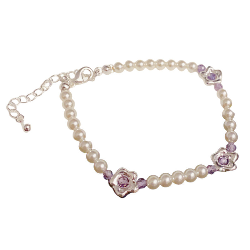 Handmade Purple Floral Glass Bead Bracelet – Elegant Design