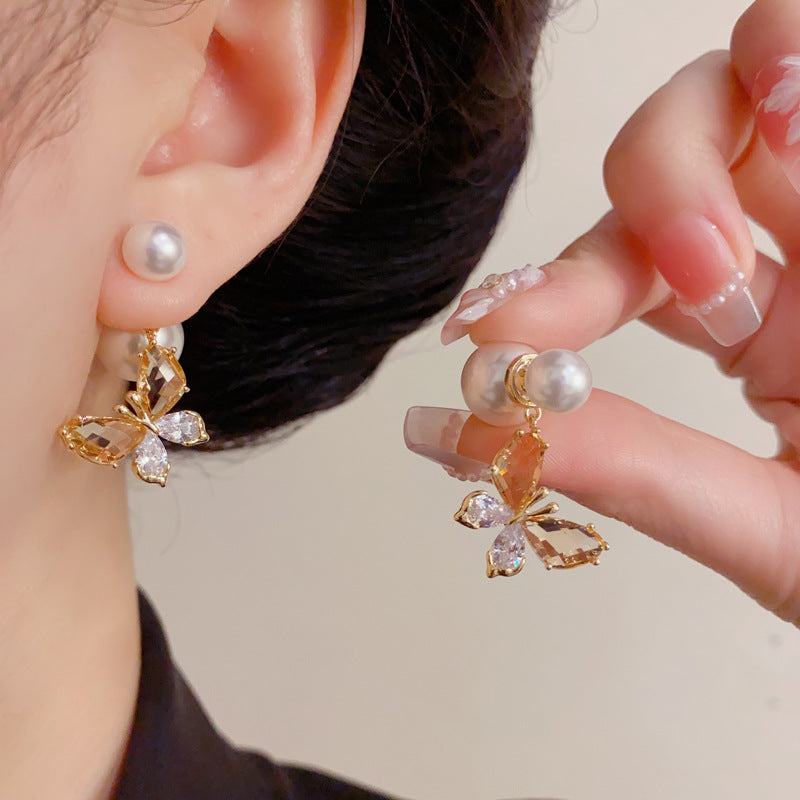 Eaioncol Two-Way Pearl Butterfly Drop Earrings Gold