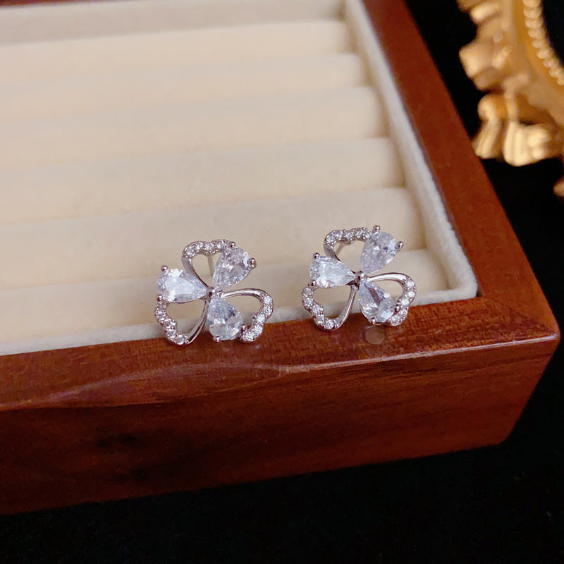 Elegant Zircon Three-Leaf Flower Stud Earrings – Floral Design