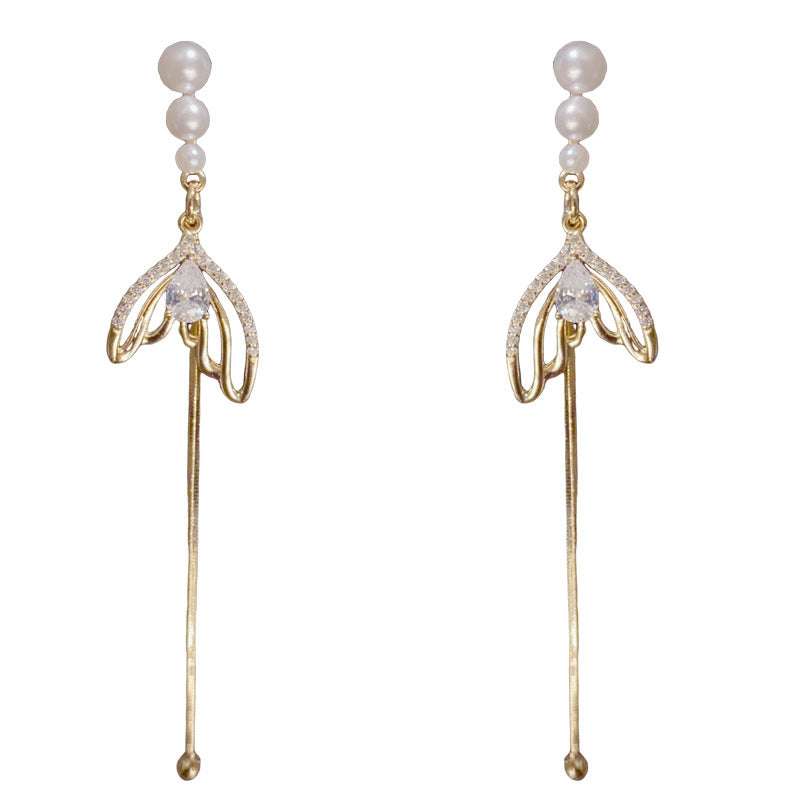 14K Gold-Plated Pearl Zircon Fish Tail Tassel Earrings –Elegant Design