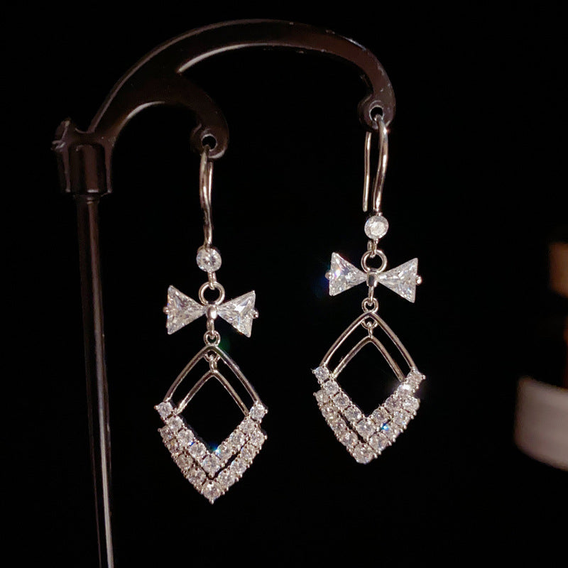 14K Gold-Plated Bow Geometric Diamond Shape Ear Hooks - Elegant & Chic