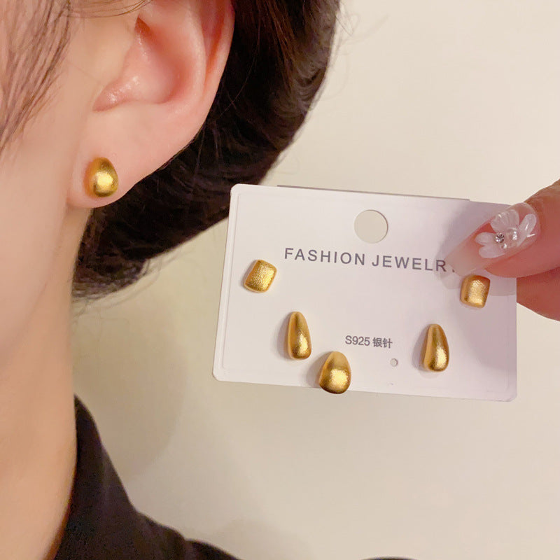 14K Gold Mesh Geometric Trio Stud Earrings - Chic Minimalist Design