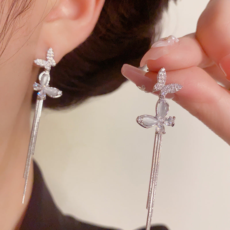 Luxury Butterfly Long Tassel Drop Earrings – Silver Needle Design