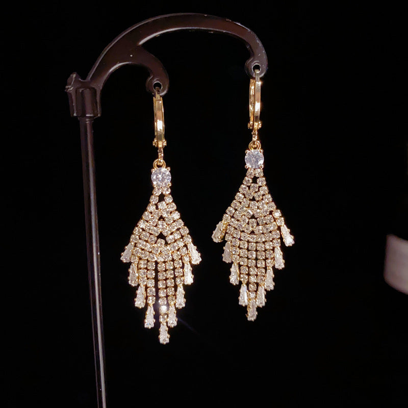 14K Gold-Plated Full Zircon Tassel Earrings- Elegant Statement