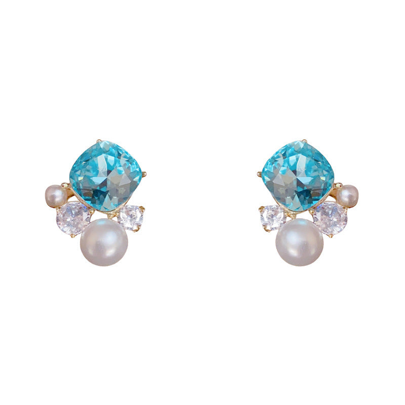 Luxury Blue Zircon & Pearl Stud Geometric Earrings – Elegant Design