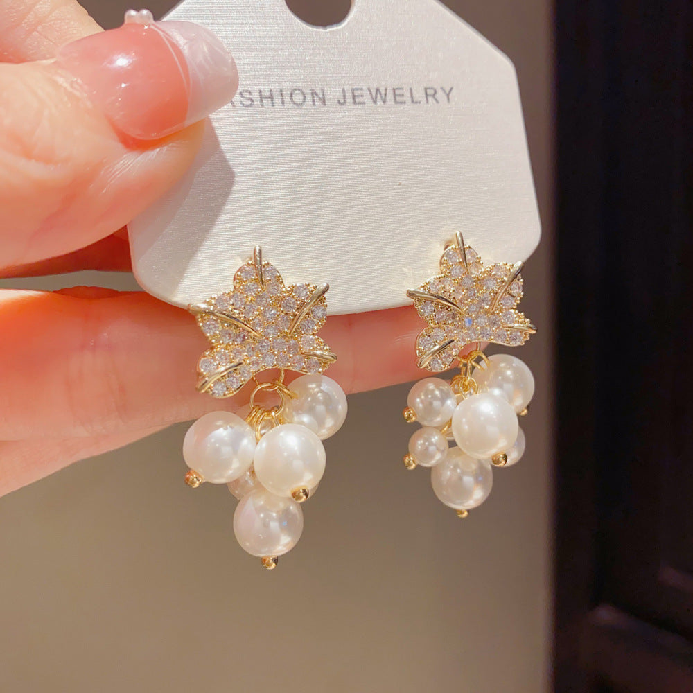 Eaioncol Leaf Pearl CZ Drop Earrings Gold Silver