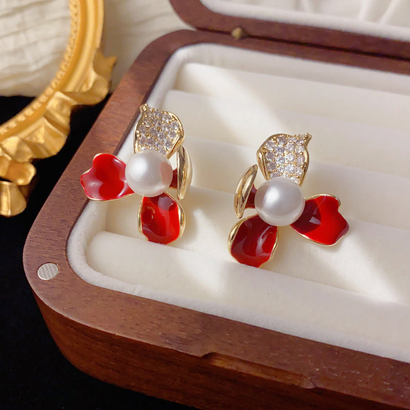Elegant Zircon Enamel Pearl Petal Stud Earrings – Floral Design