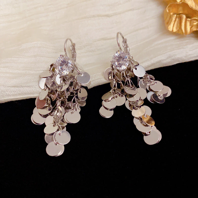 Elegant Zircon Metal Disc Tassel Drop Earrings – Geometric Design