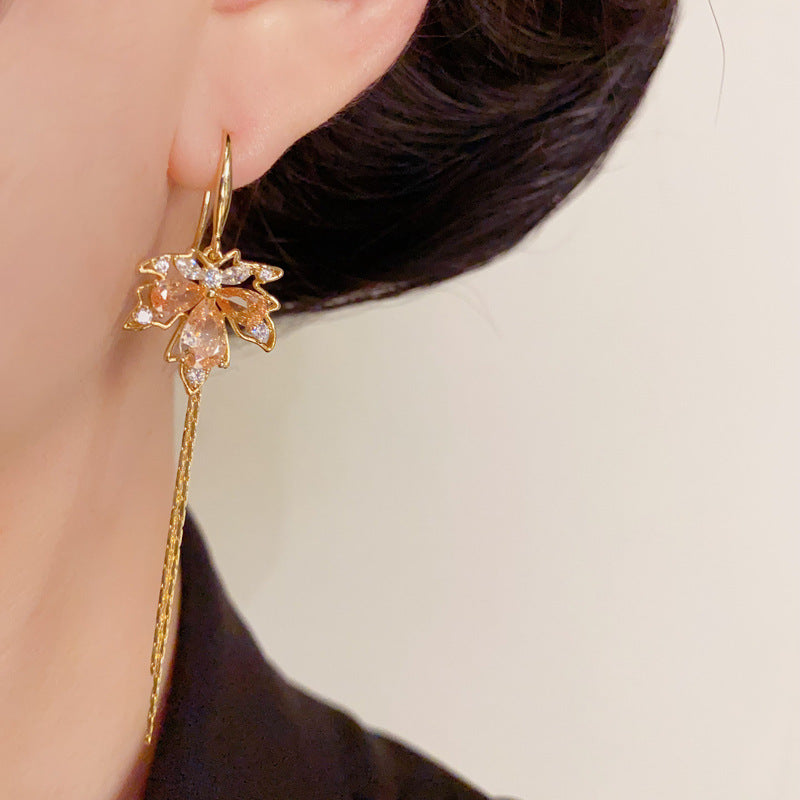 Luxury Zircon Maple Leaf Tassel Ear Hook Earrings – Elegant Design