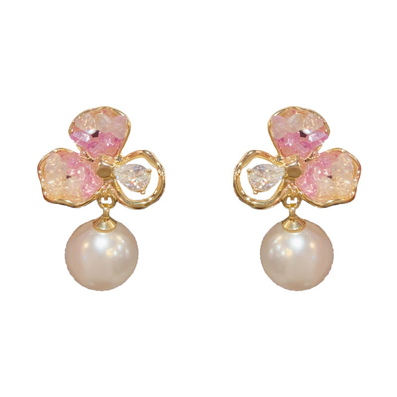 14K Gold Crystal Petal Pearl Drop Earrings - Chic Elegance Design
