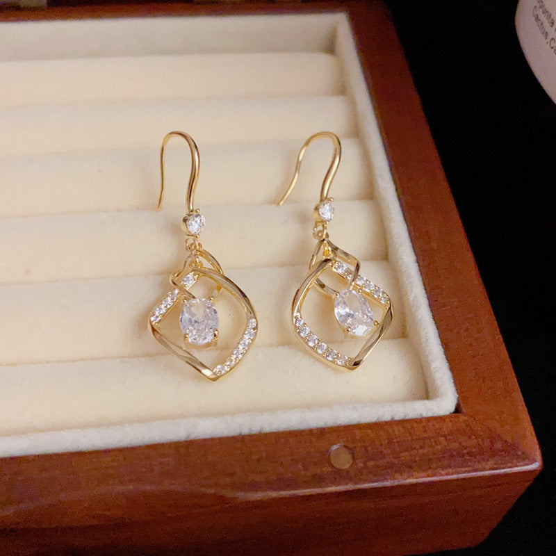 14K Gold Zircon Geometric Diamond Tassel Earrings – Elegant Design