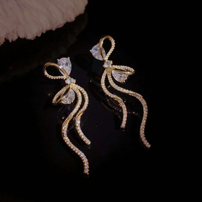 14K Gold Full-Diamond Butterfly Bow L Tassel Earrings – Elegant Design
