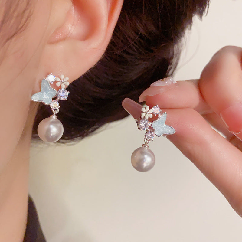 Silver Blue Enamel Butterfly & Pearl Drop Earrings – Elegant Design