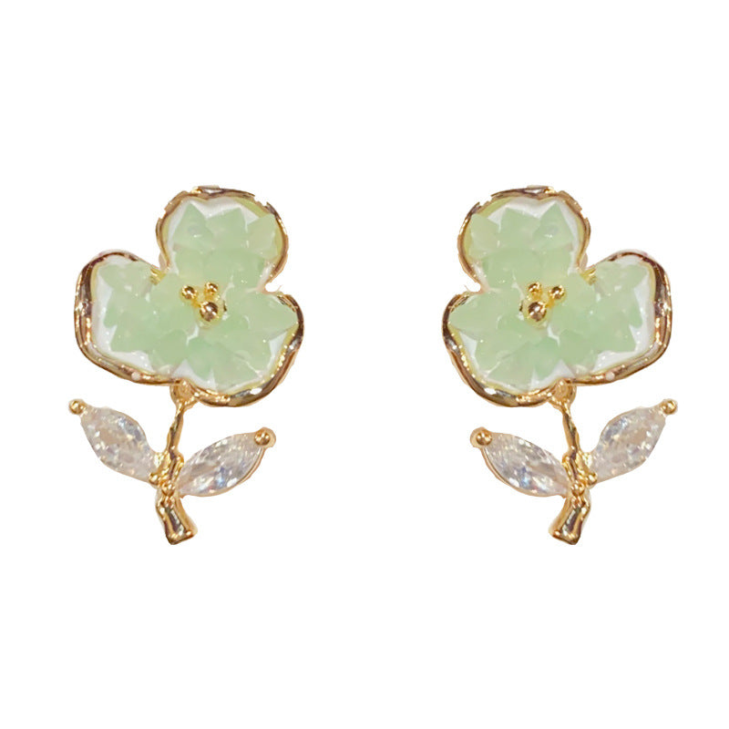 14K Gold-Plated Green & Purple Floral Stud Earrings – Elegant Design