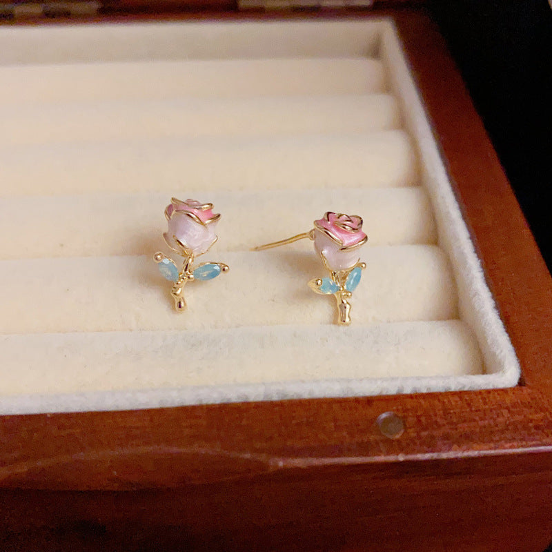 14K Gold-Plated Enamel Rose Stud Earrings – Elegant Floral Design