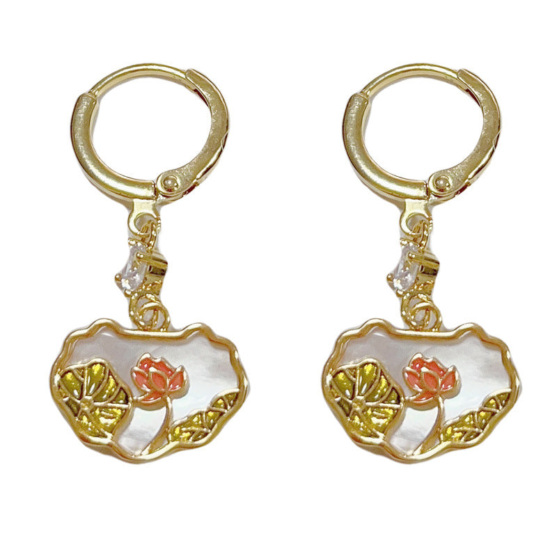 14K Gold-Plated Shell Lotus Peace Lock Earrings – Elegant Design