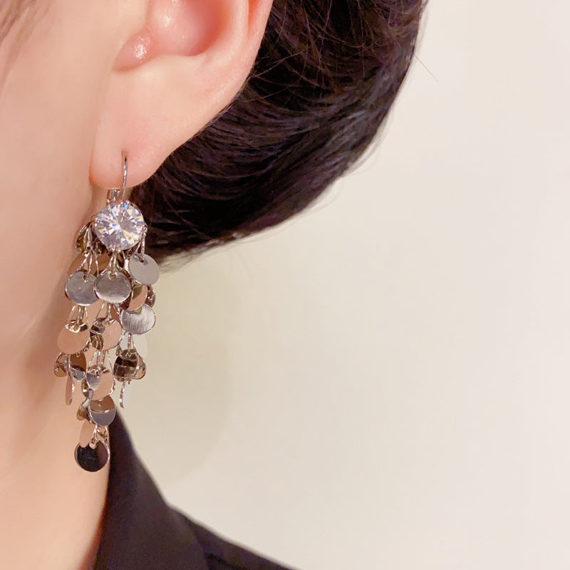 Elegant Zircon Metal Disc Tassel Drop Earrings – Geometric Design
