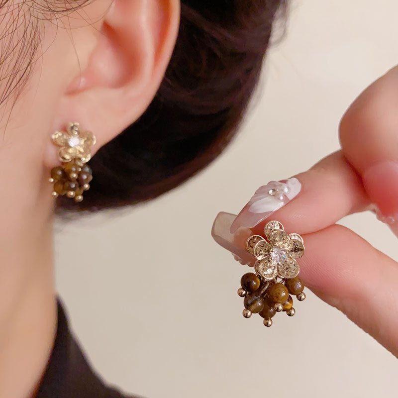 Elegant Tiger's Eye Flower Drop Earrings – Floral Design