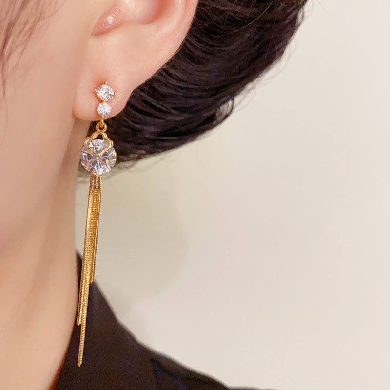 Elegant Diamond Long Tassel Drop Earrings – Floral Design