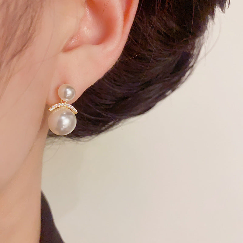 Luxury Zircon Bar & Pearl Stud Real Gold Earrings – Elegant Design