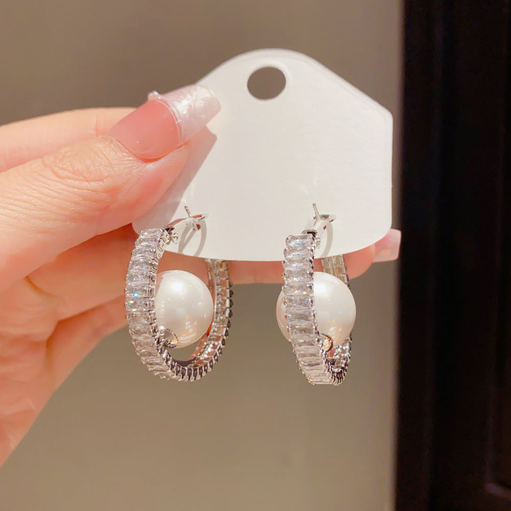 Eaioncol Full CZ Pearl Circle Hoop Earrings 14K Gold & Silver Plated