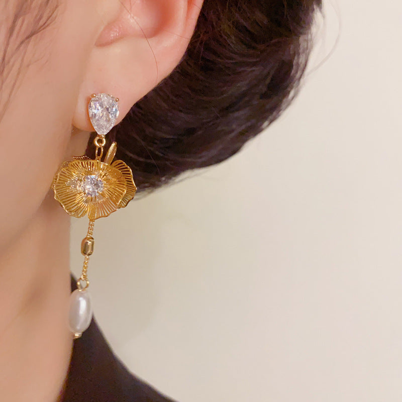 Luxury Hollow Flower & Pearl Tassel Drop Earrings – S925 Silver Needle
