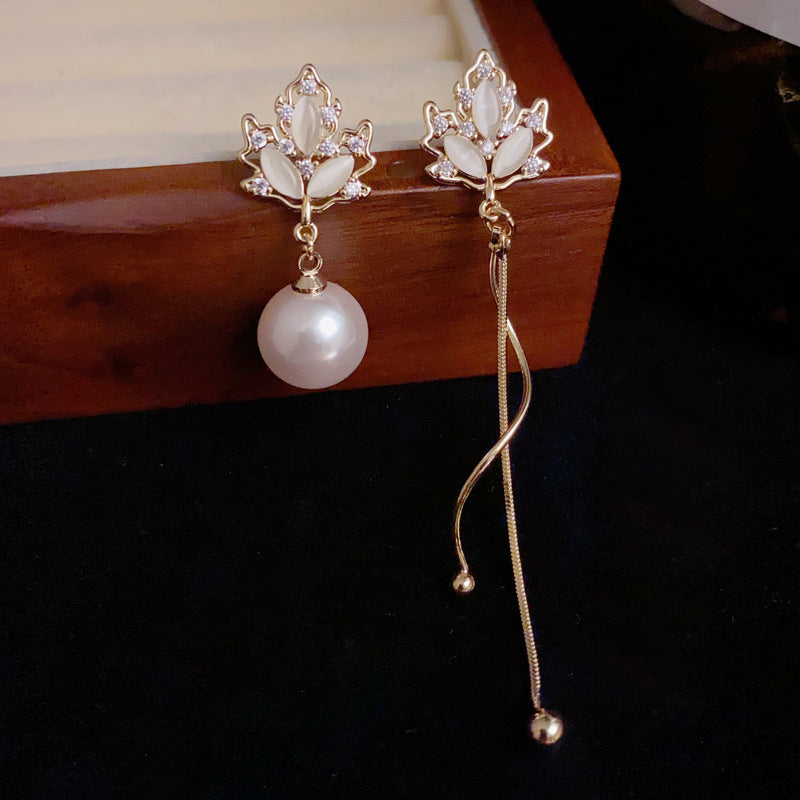 14K Gold Asymmetrical Leaf Pearl Tassel Earrings – Elegant Design
