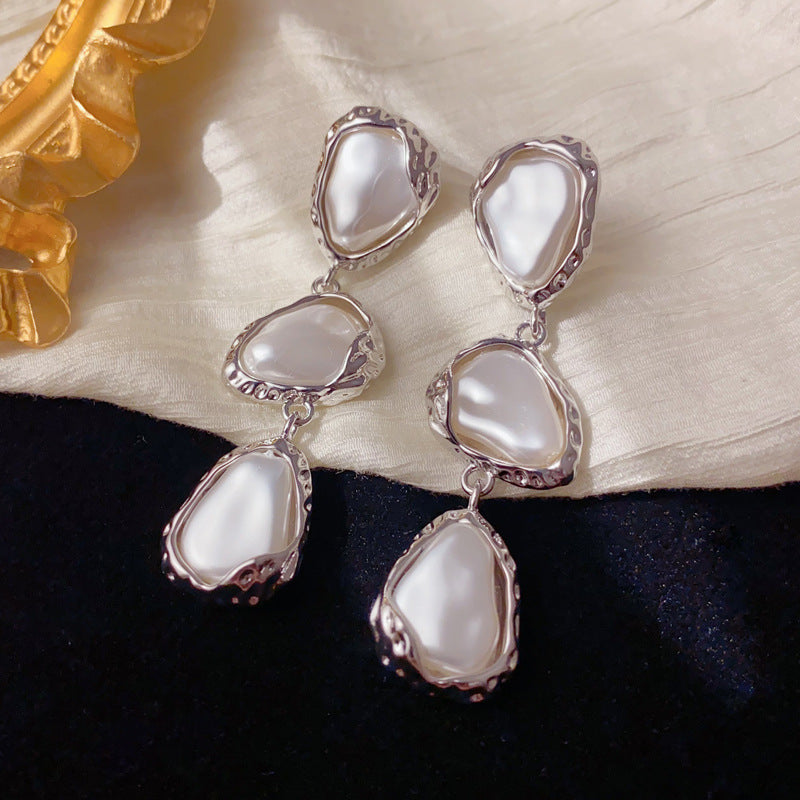 Elegant Irregular Pearl Long Tassel Earrings – Geometric Design
