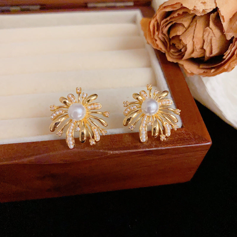 Luxury Metal Pearl & Firework Stud Earrings – Elegant Floral Design