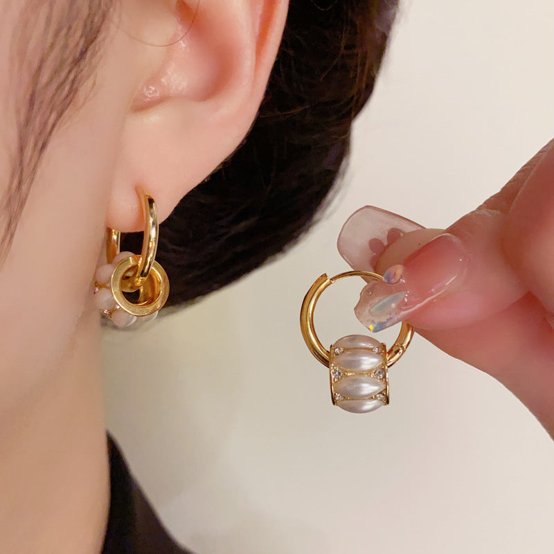 Elegant Pearl Round Ring Dual-Wear Gold Earrings – Geometric Design