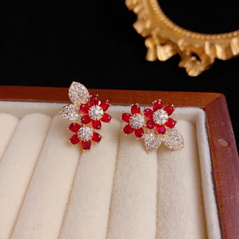 Luxury Full-Zircon Double Petal Ear Cuff Gold Earrings – Floral Design