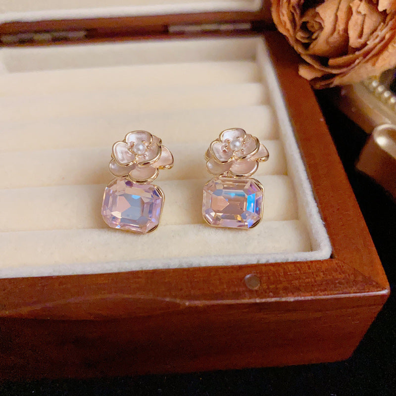 14K Gold Sweet K9 Glass Flower Drop Earrings – S925 Silver Needle