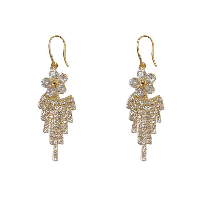 14K Gold-Plated Diamond Flower Tassel Earrings - Elegant Floral Design