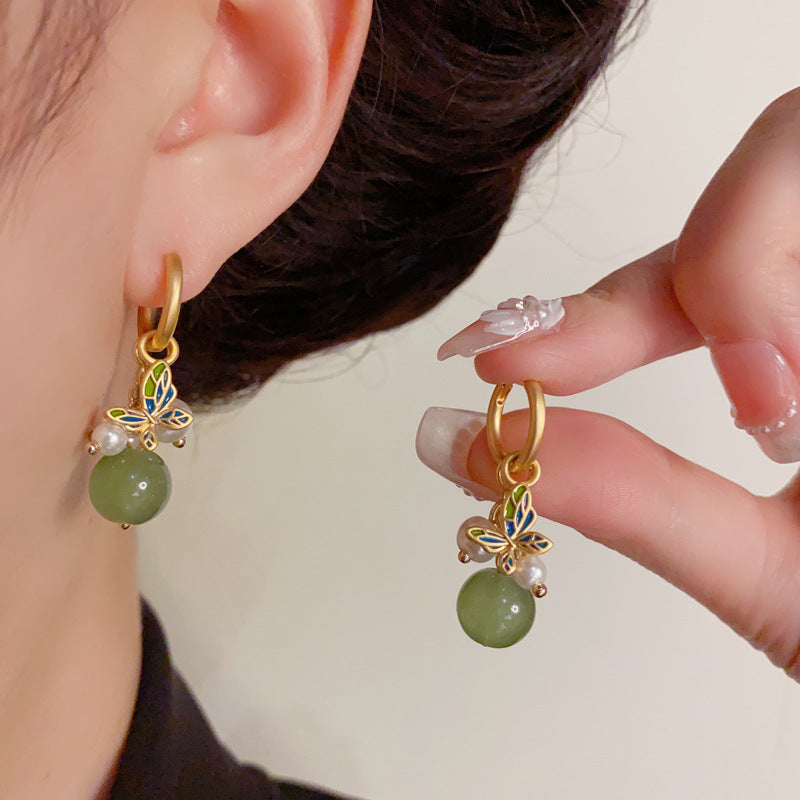 Luxury Butterfly Pearl & Imitation Jade Drop Earrings – Elegant Design