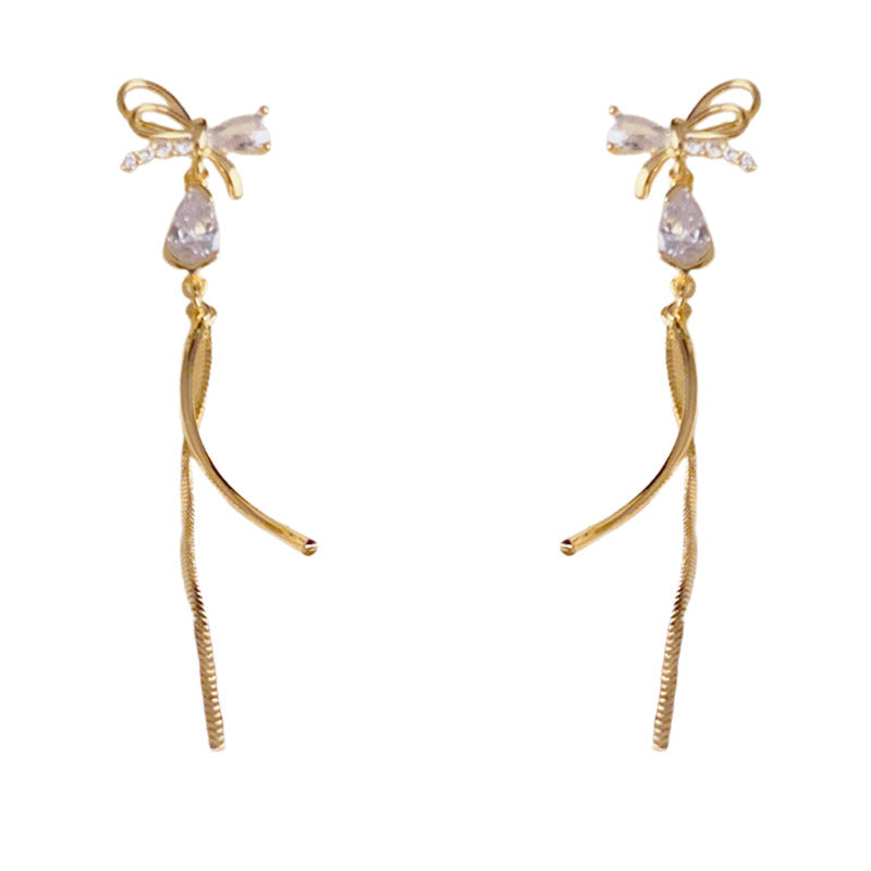 Luxury Zircon Bow & Tassel Drop Earrings – Silver Needle Design