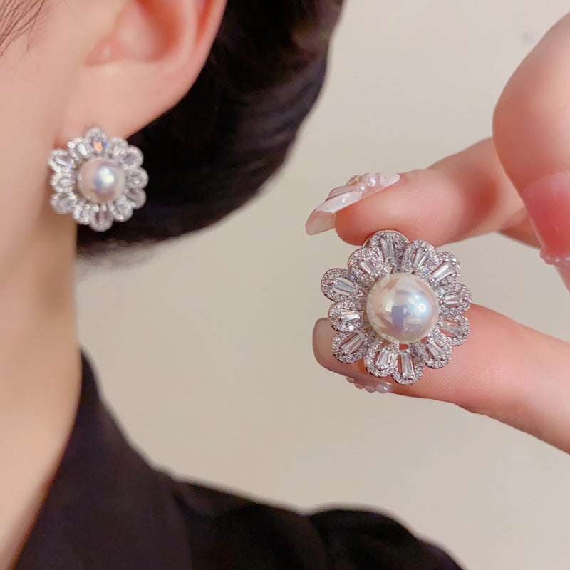 Gold Pavé Petal Pearl Earrings – 925 Silver Post for Sensitive Ears