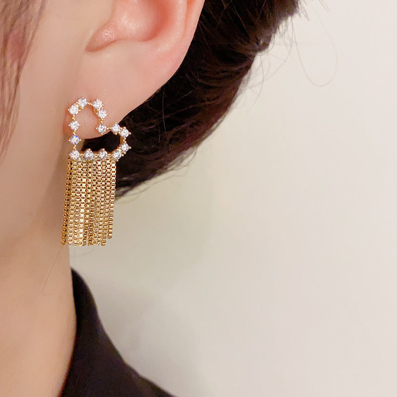 14K Gold-Plated Zircon Heart Tassel Earrings – Elegant Sparkle Design