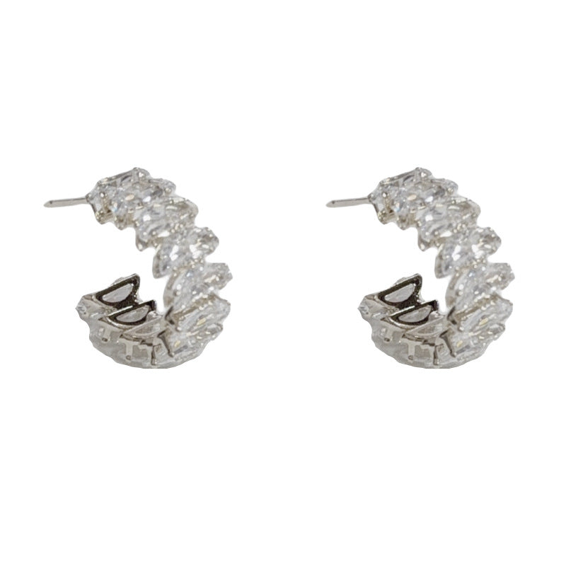 Elegant Full-Zircon C-Shape Hoop Earrings – French Minimalist Design