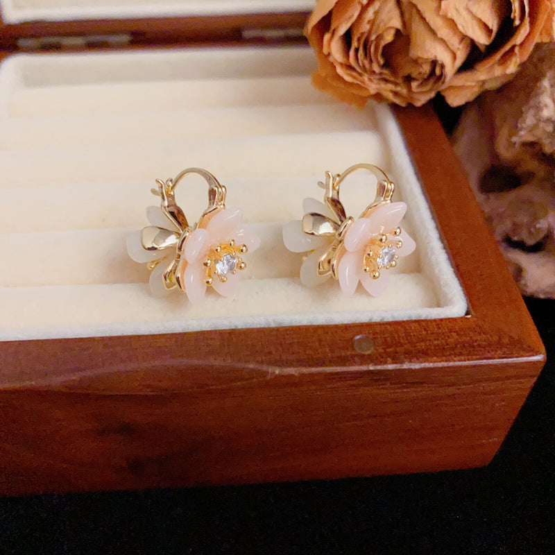 Luxury Double-Side Zircon Flower Gold Earrings – Elegant Floral Design