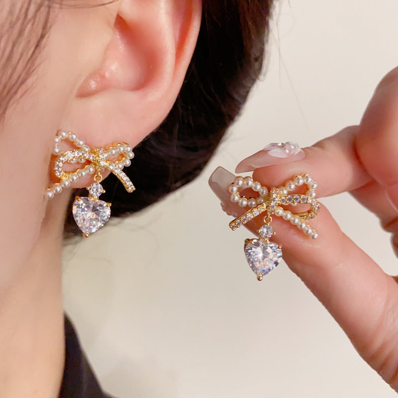 14KGold-Plated Pearl Bowknot Zircon Water Drop Earrings-Elegant Deisgn