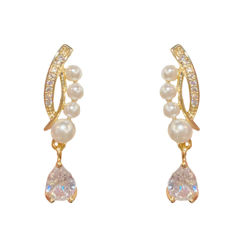 14K Gold-Plated Zircon Pearl Cross Waterdrop Earrings – Elegant Design