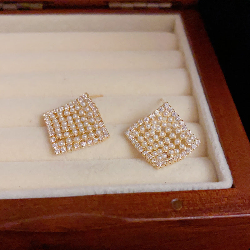 14K Gold-Plated Diamond Pearl Square Stud Earrings - Elegant & Chic