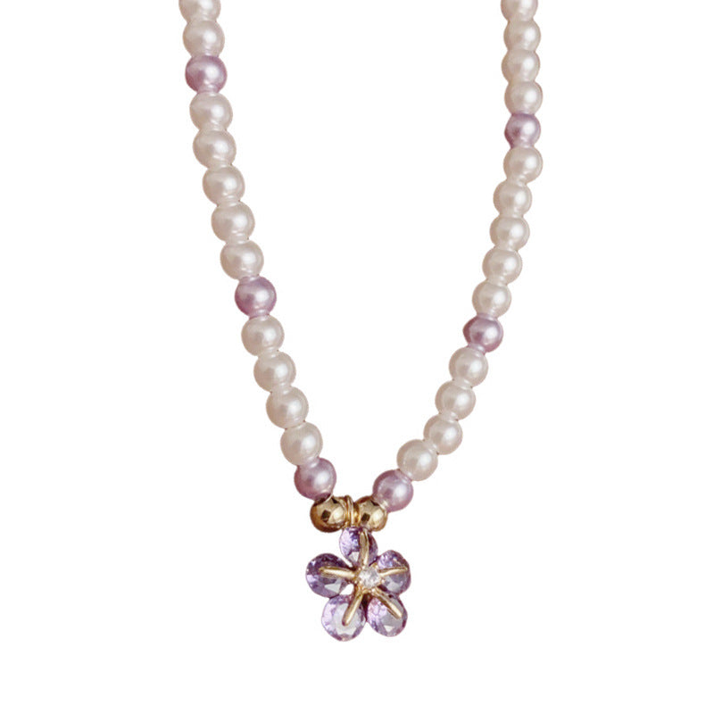14K Gold-Plated Purple Flower Pendant Pearl Necklace – Elegant Design