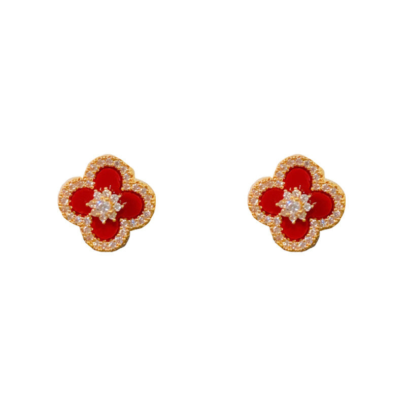 Elegant Zircon Red Four-Leaf Clover Stud Earrings – Floral Design