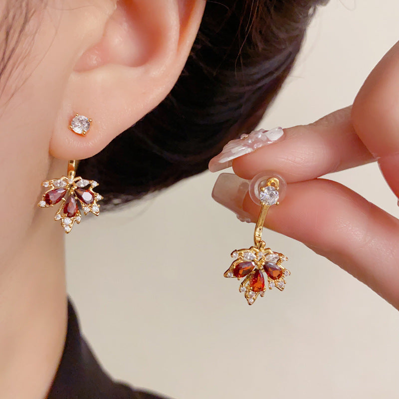Luxury Two-Way Red Maple Leaf Stud Earrings – Elegant Design