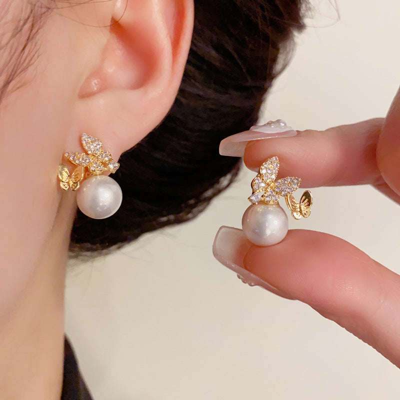 14K Gold Zircon Butterfly Pearl Stud Earrings- Chic Elegance Design